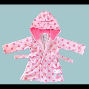 Baby 0-9 pink polka dot bathrobe. Small stain pictured.